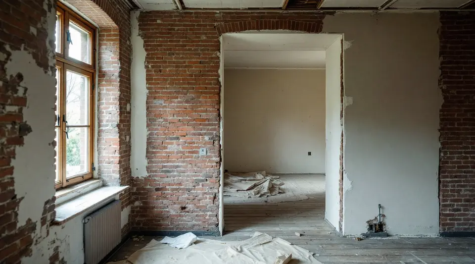 Een kamer in een oud huis tijdens de verbouwing: de bakstenen buitenmuur is deels gestript en deels glad gestuct, met een houten raam in een diepe nis