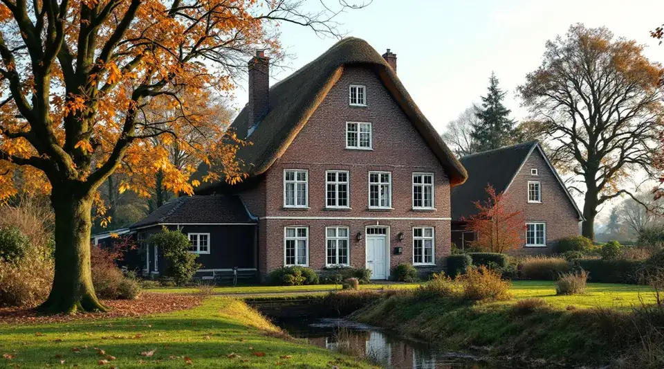 Een monumentale boerderij met een hoog rieten dak en een bakstenen voorgevel met witte ramen, tussen oude bomen in de herfst, met een sloot ervoor