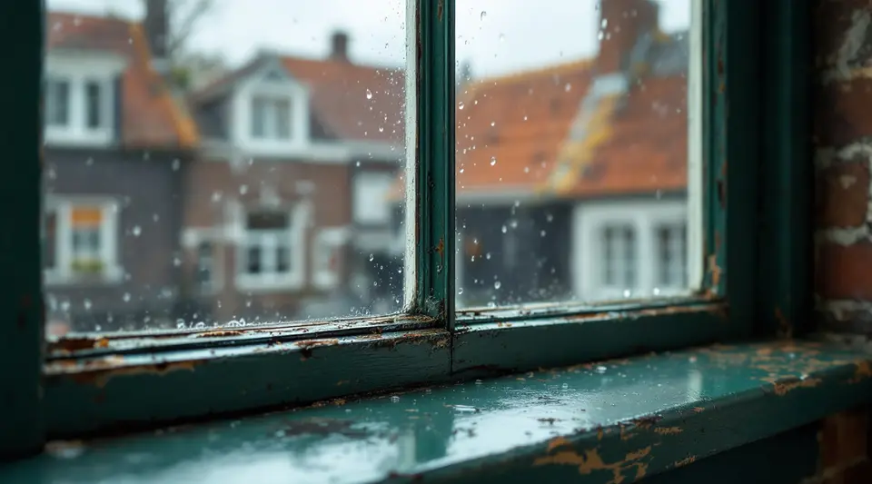 Een oud donkergroen geverfd raamkozijn met regendruppels op het glas en daarachter wazig de huizen aan de overkant