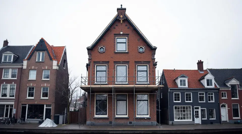 Een hoog bakstenen pand met een puntgevel in de steigers, met plastic voor de ramen, tussen oudere buurpanden