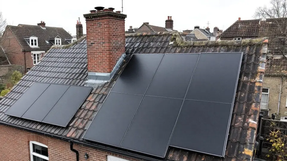 Het achterdakvlak van een oud bakstenen huis met donkere dakpannen, een schoorsteen aan de nok en zwarte zonnepanelen in het dakvlak ernaast