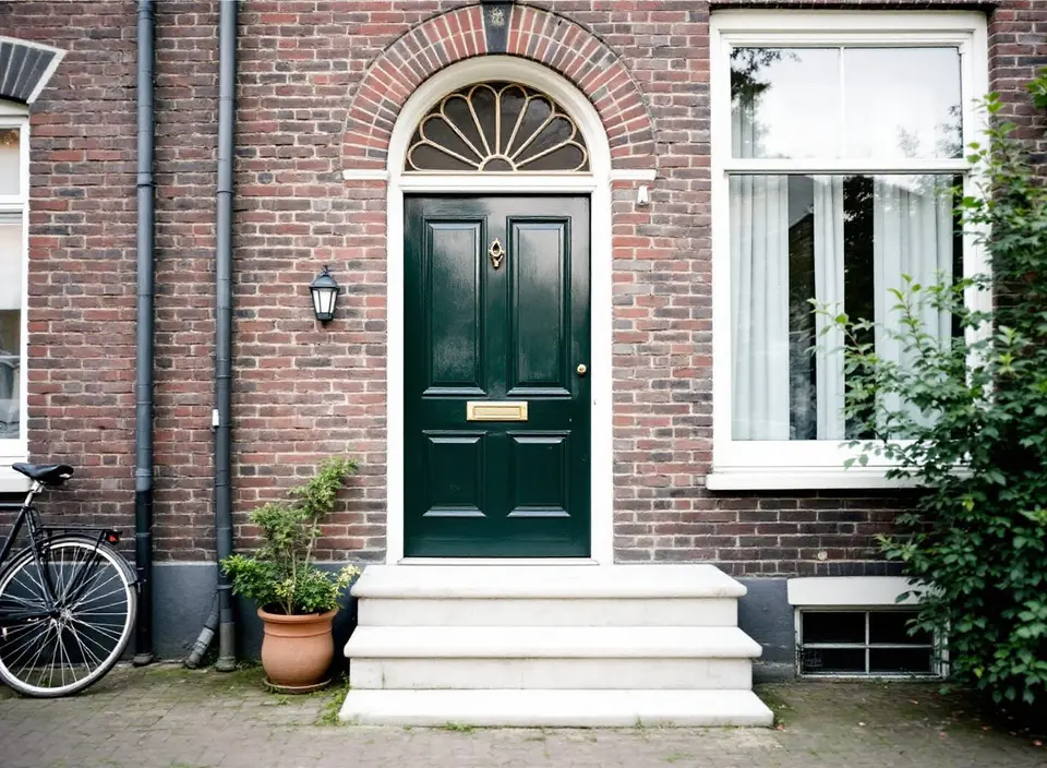 Een donkergroene paneeldeur van een oud herenhuis met een waaiervormig bovenlicht, een witte stoep en een plant in een pot
