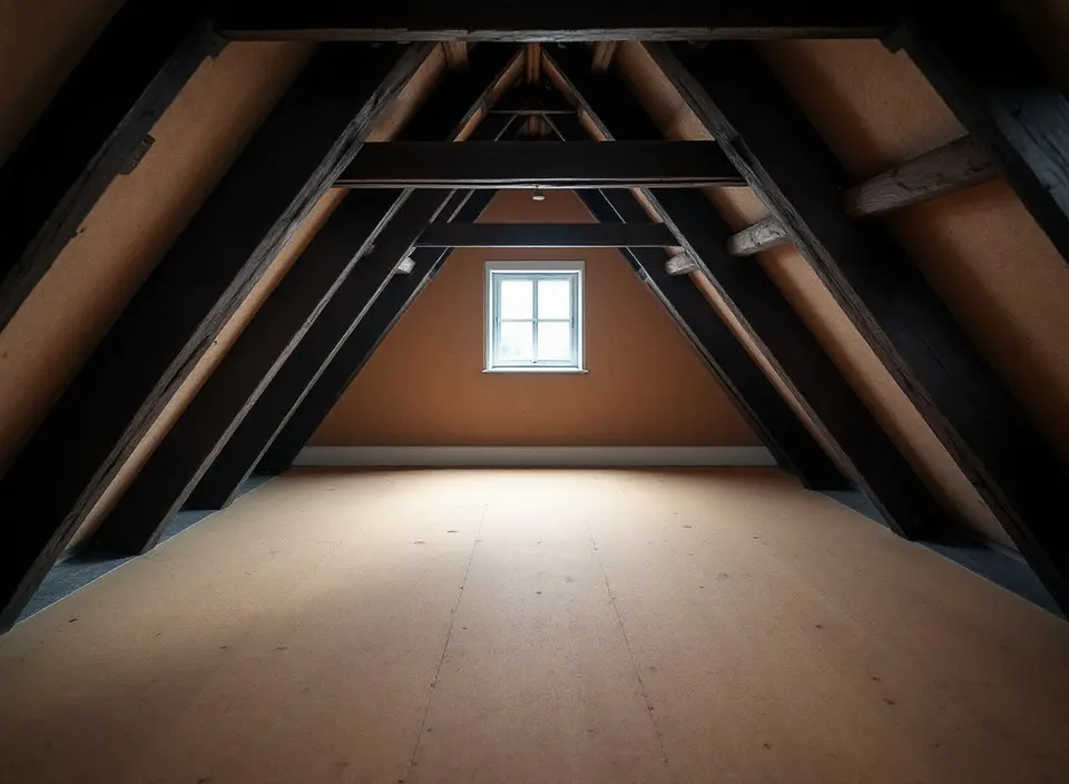 Een zolder in een oud pand met donkere eikenhouten spanten, met tussen de sporen nieuwe isolatieplaten van houtvezel